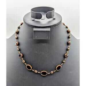Bronze Bezel Set Black Glass Beaded Toggle Clasp 17.75" Necklace